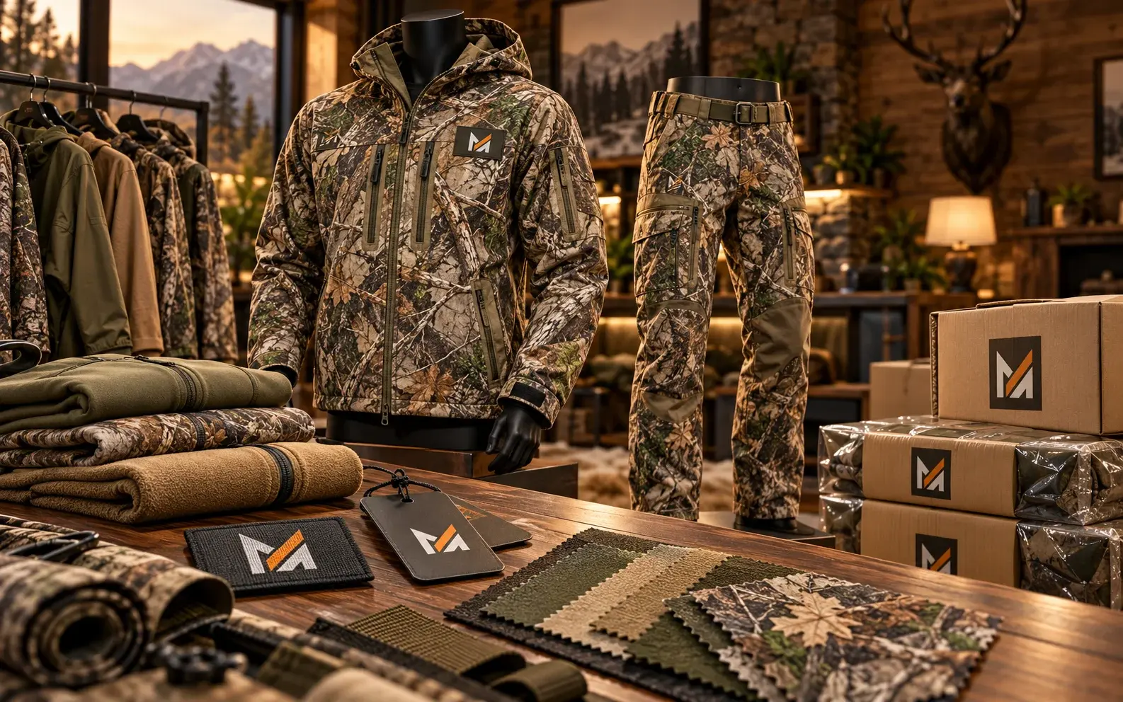 Custom hunting apparel private-label display featuring a camouflage hooded jacket and matching pants on mannequins, branded tags, fabric swatches, folded garments, and packaged boxes with visible Mega Apparel logo accents in a warm showroom setting.
